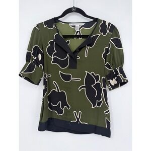 Diane von Furstenberg DVF Silk Blend Olive Green Floral Henley Blouse Size 0